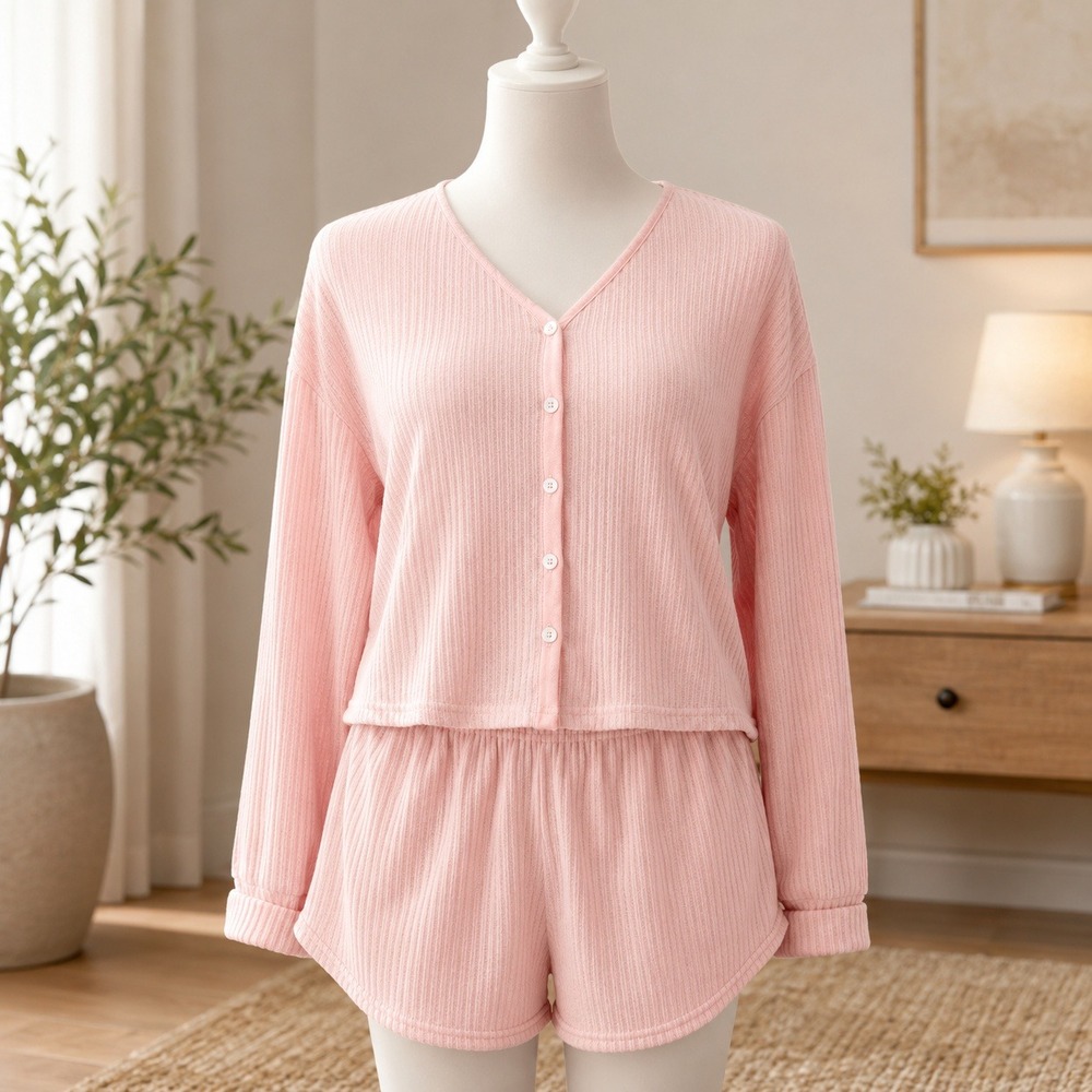 NWT Cupshe Pajama Set Womens Large Pink Ribbed Cardigan and Shorts Loungewear‎